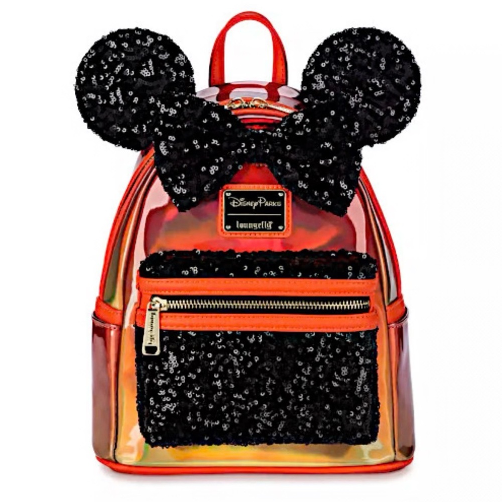 2023 Loungefly Halloween Minnie Mouse Iridescent Orange & Black Sequin Backpack